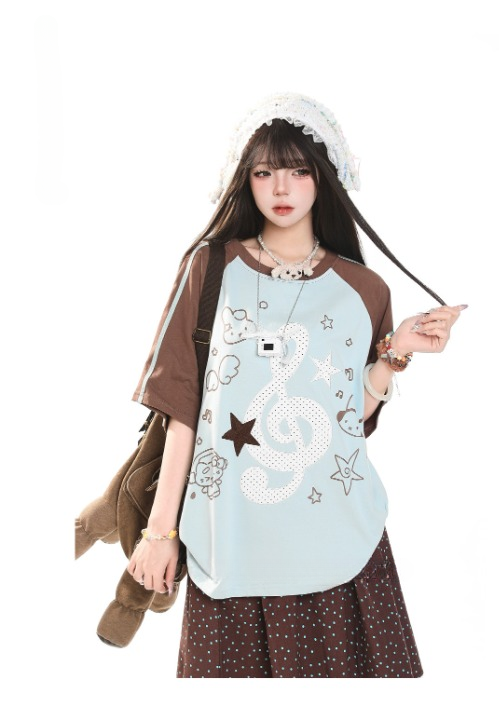 Music Note Star Raglan Tee — Oversized Short Sleeve