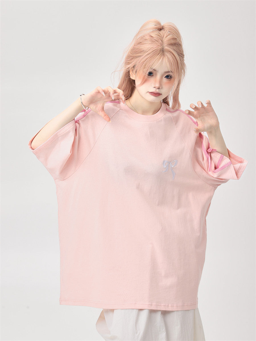 Ribbon Embroidery Side-Stripe Tee — Oversized