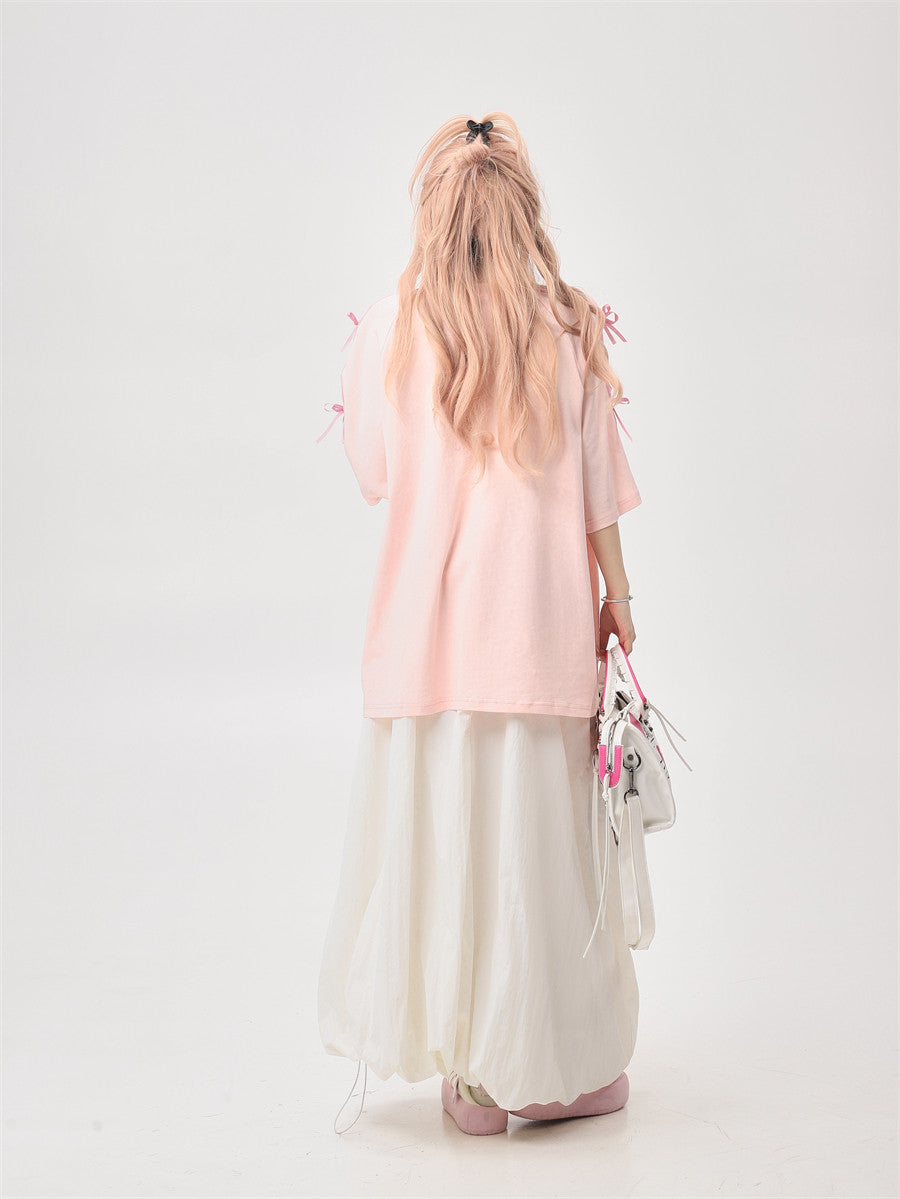 Ribbon Embroidery Side-Stripe Tee — Oversized