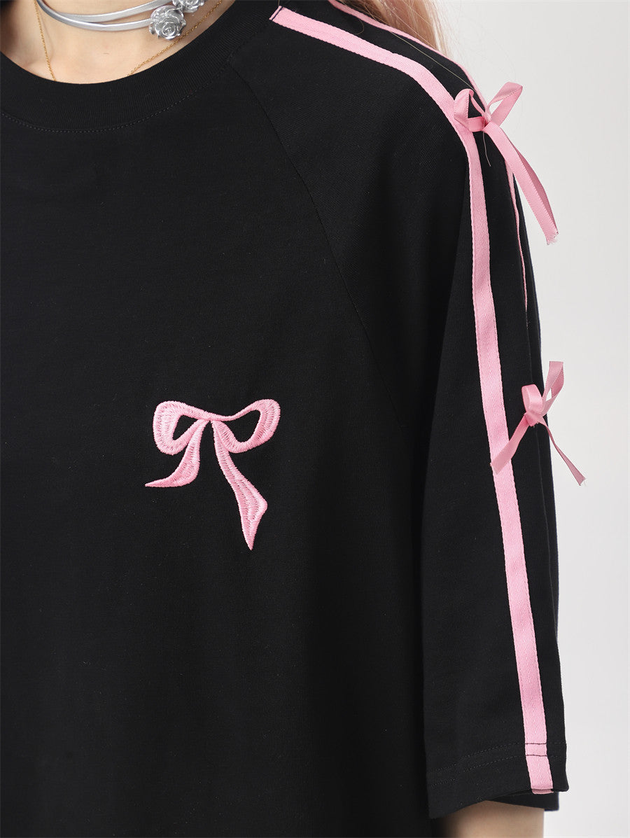 Ribbon Embroidery Side-Stripe Tee — Oversized