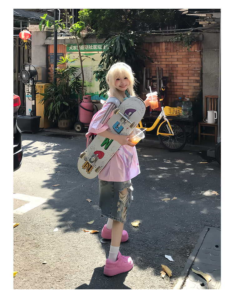 Anime Girl Jersey — Y2K Glossy V-Neck