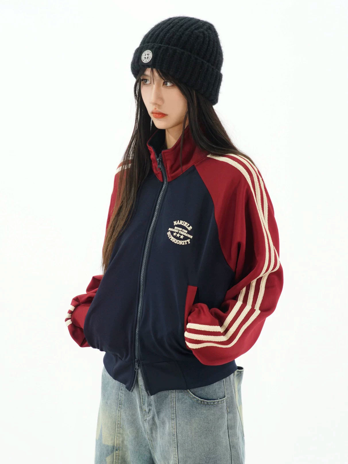 Colorblock Track Jacket — Navy and Apricot