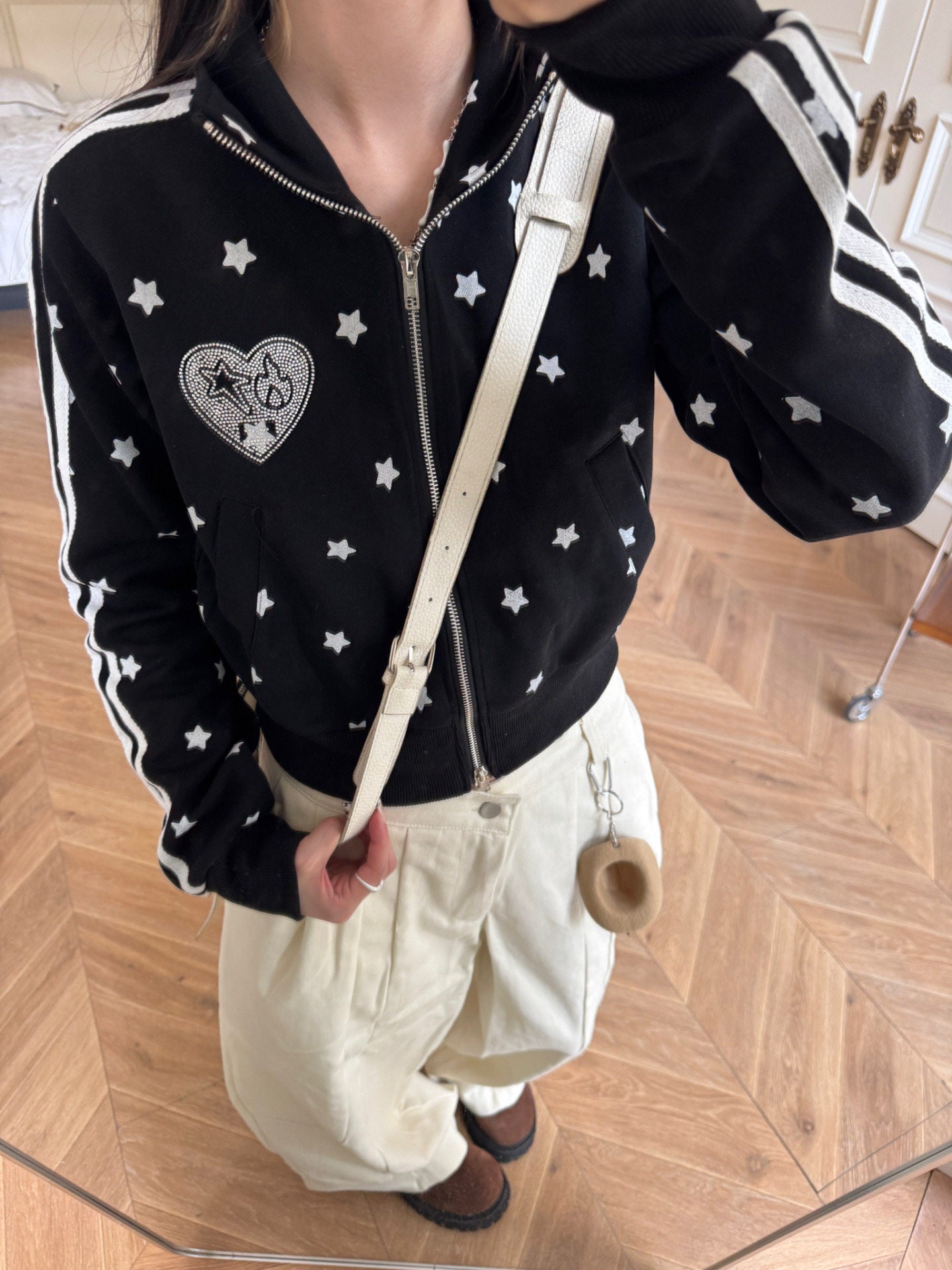 Star Rhinestone Track Jacket — Stand Collar and Hooded