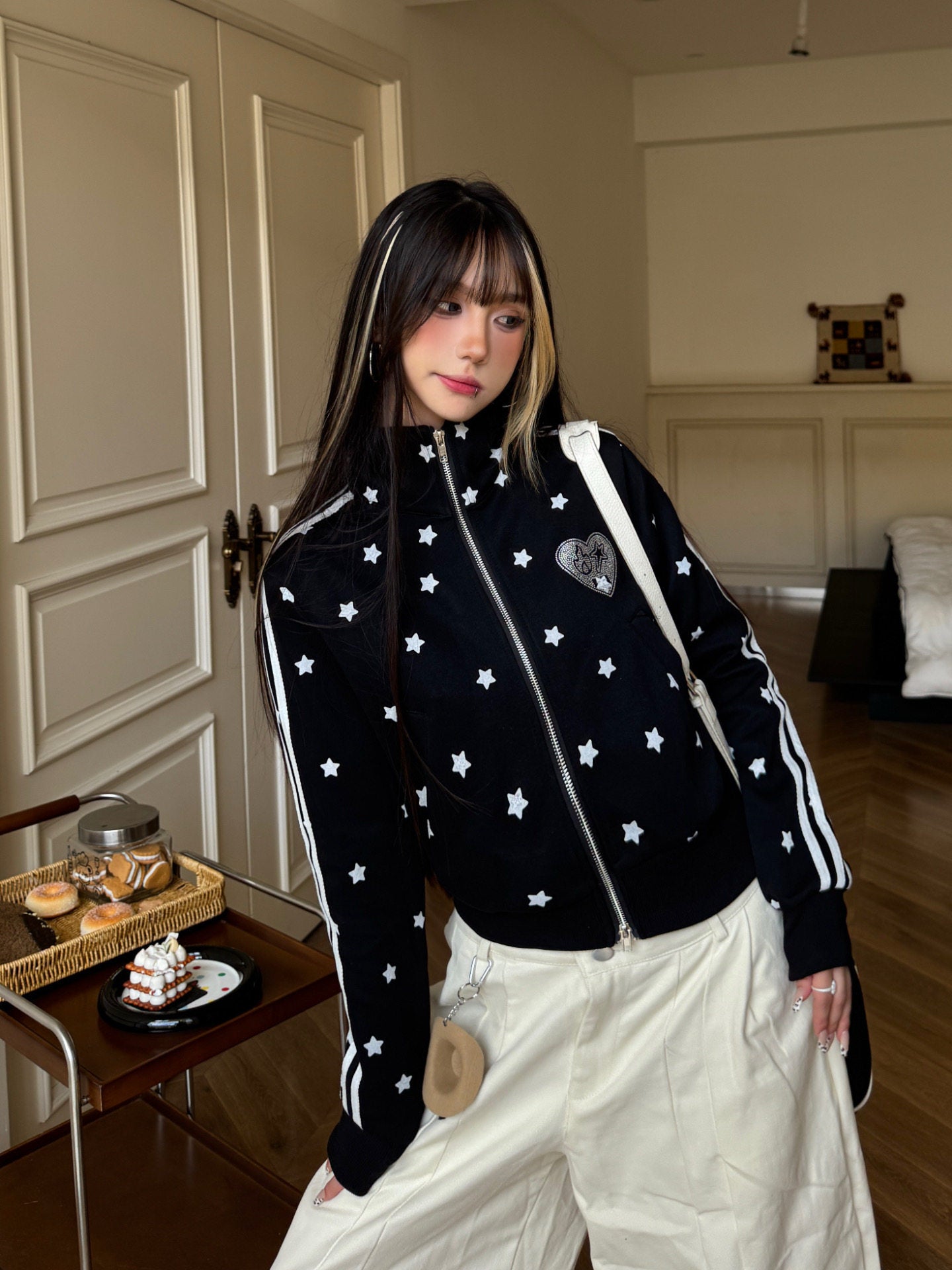 Star Rhinestone Track Jacket — Stand Collar and Hooded