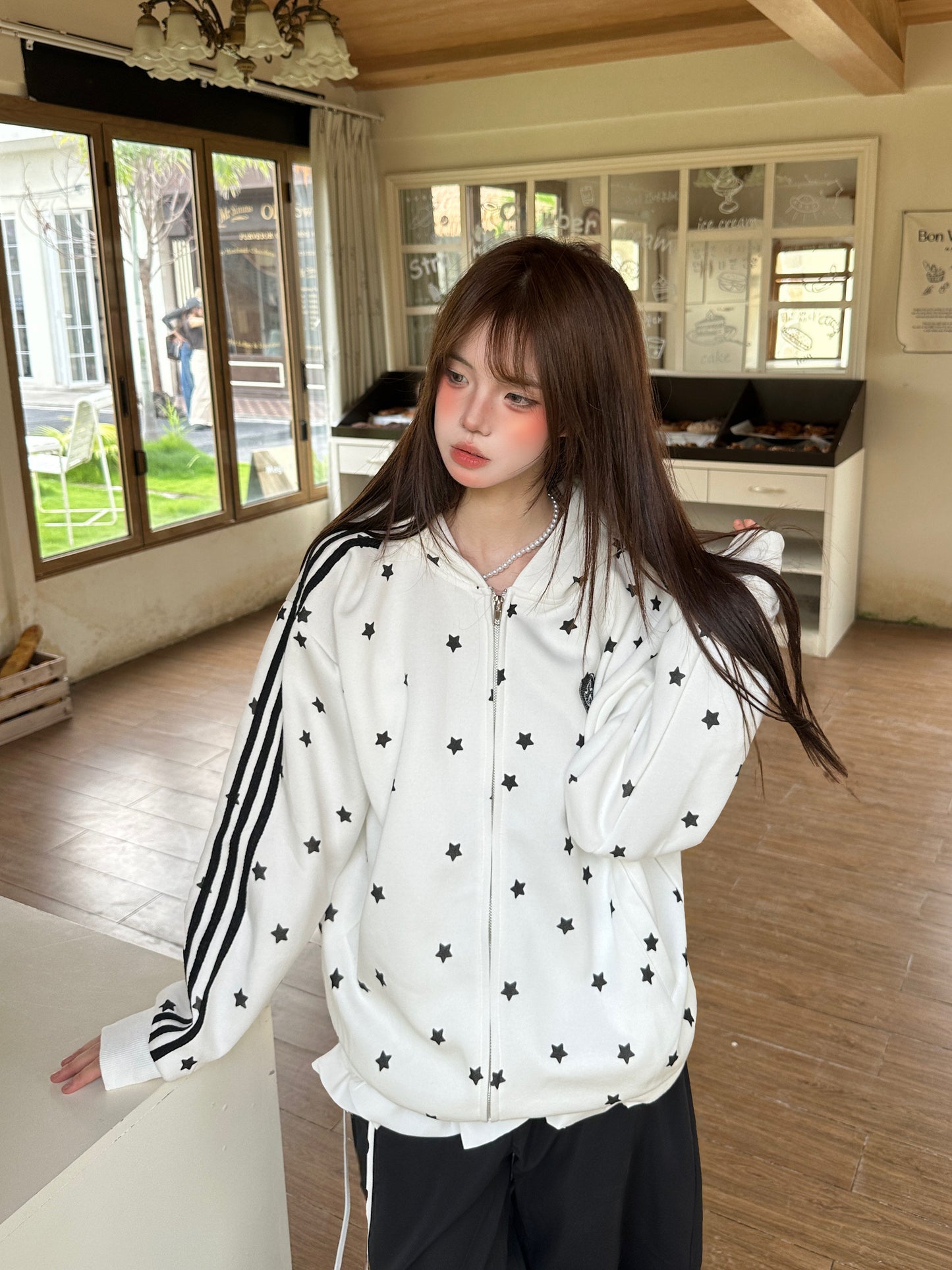 Star Rhinestone Track Jacket — Stand Collar and Hooded