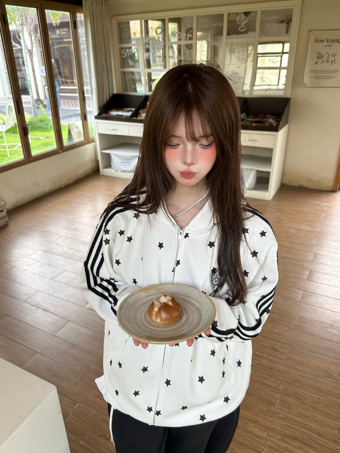 Star Rhinestone Track Jacket — Stand Collar and Hooded