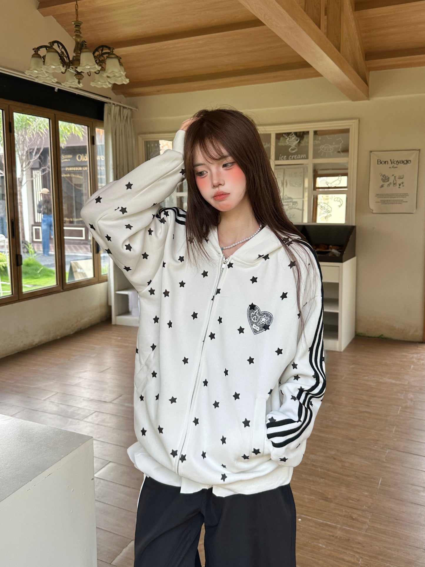 Star Rhinestone Track Jacket — Stand Collar and Hooded