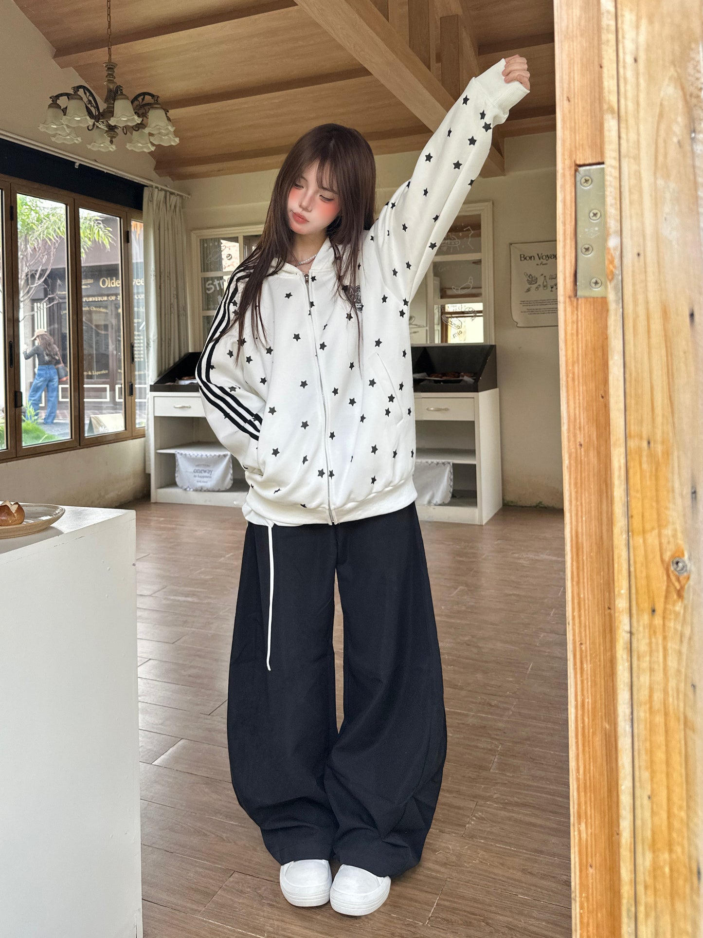 Star Rhinestone Track Jacket — Stand Collar and Hooded