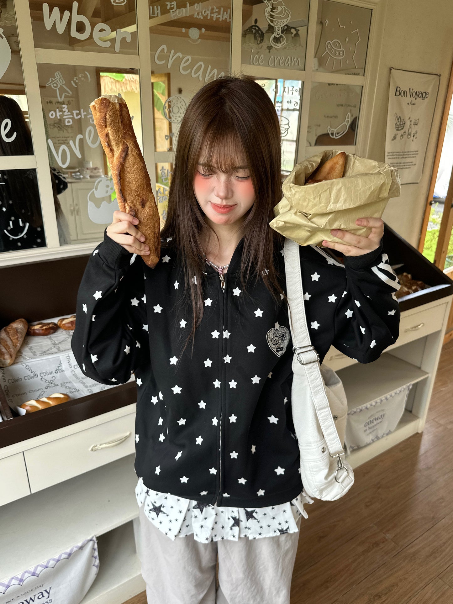 Star Rhinestone Track Jacket — Stand Collar and Hooded