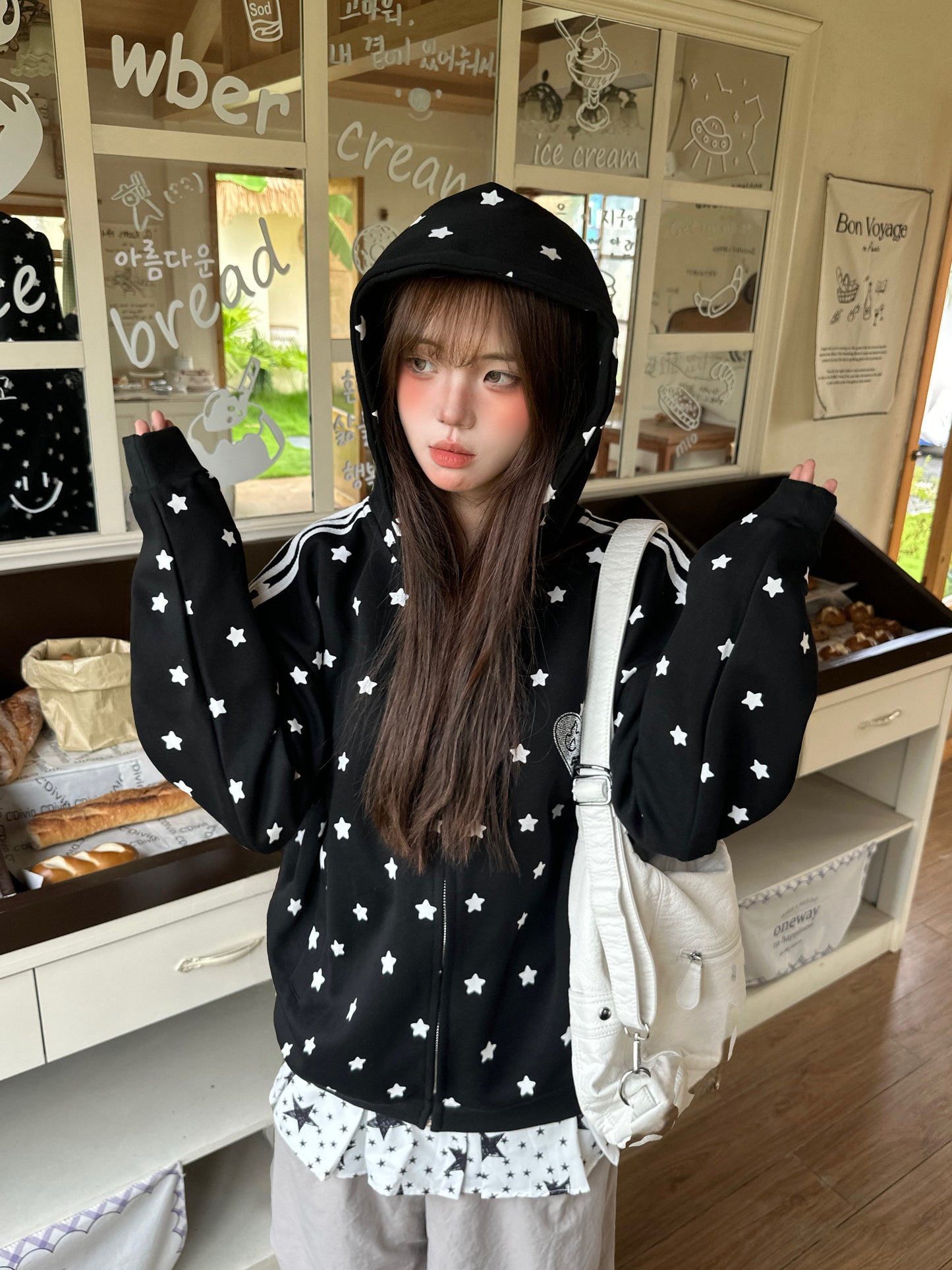 Star Rhinestone Track Jacket — Stand Collar and Hooded