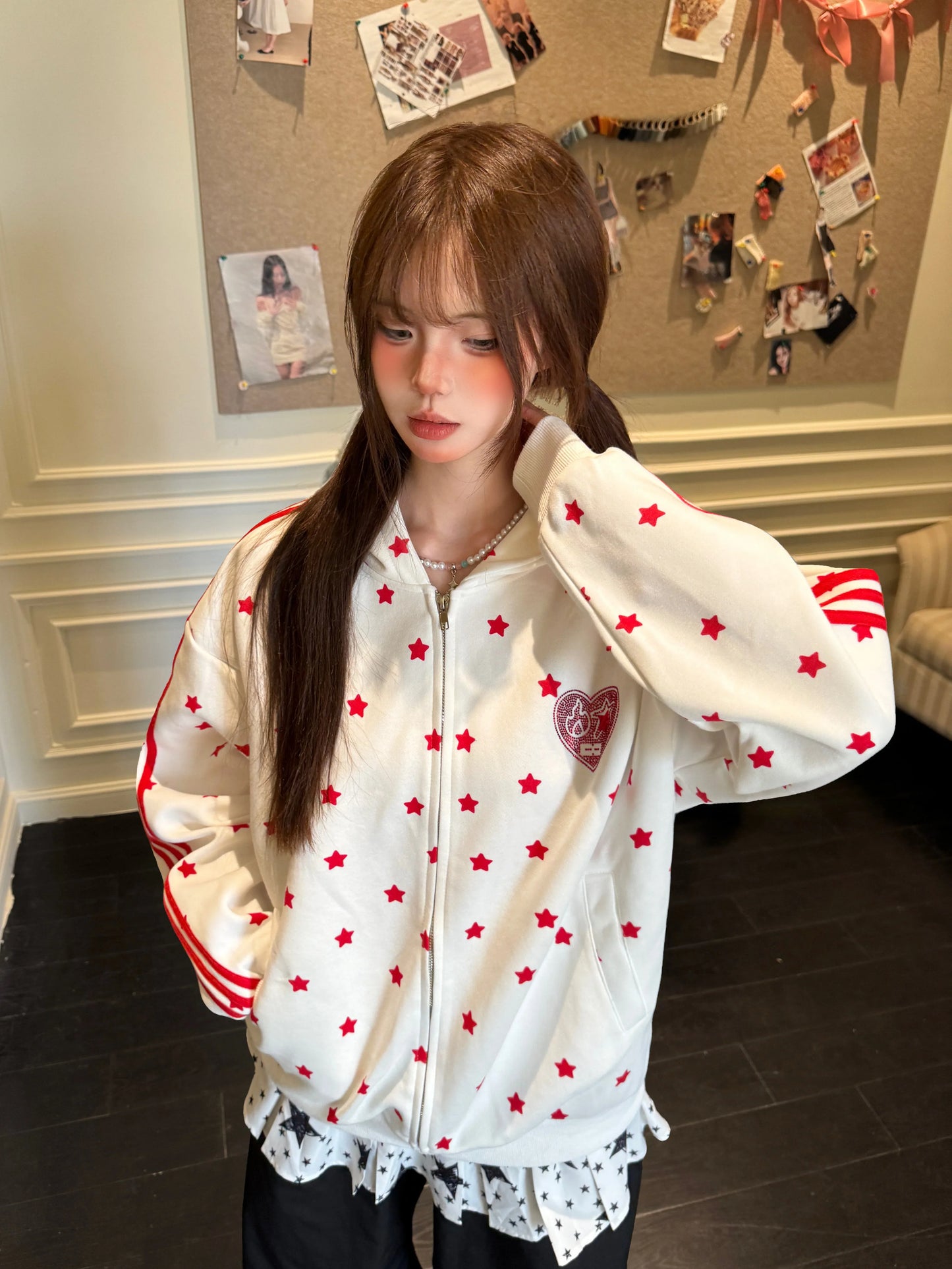Star Rhinestone Track Jacket — Stand Collar and Hooded