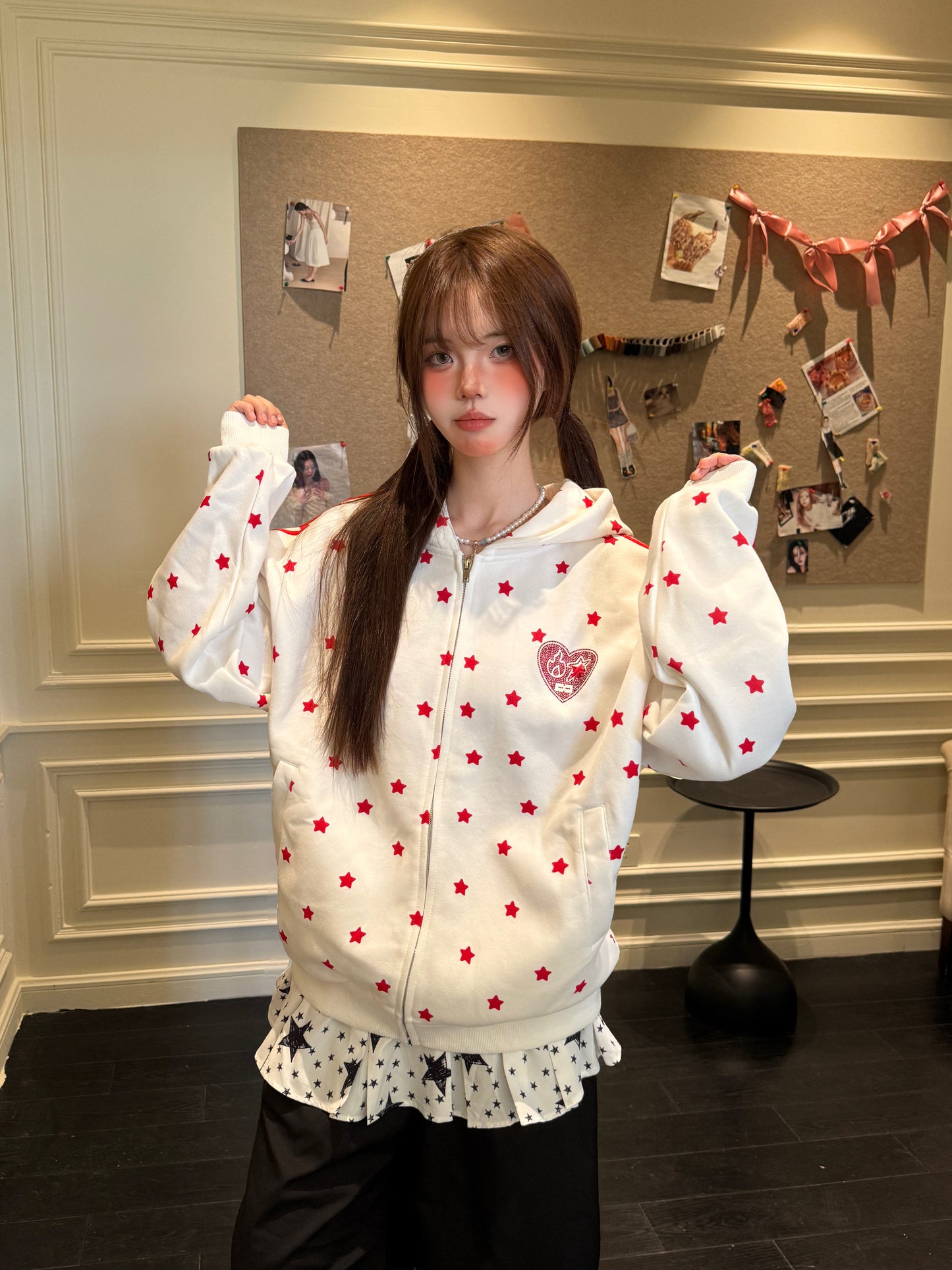 Star Rhinestone Track Jacket — Stand Collar and Hooded