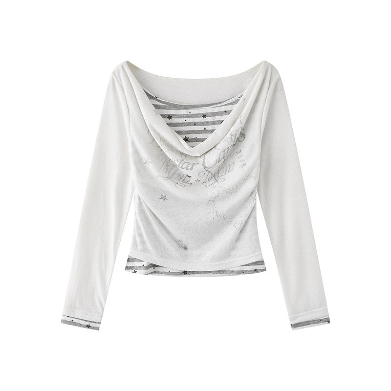 【rejio】Drape-Neck Fake-Layered Startop (Weiß / Schwarz)