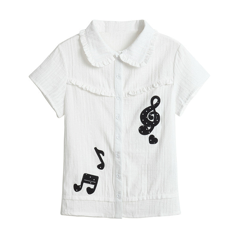 [rejio] Music Note Patch Puppenkragenhemd (Weiß)