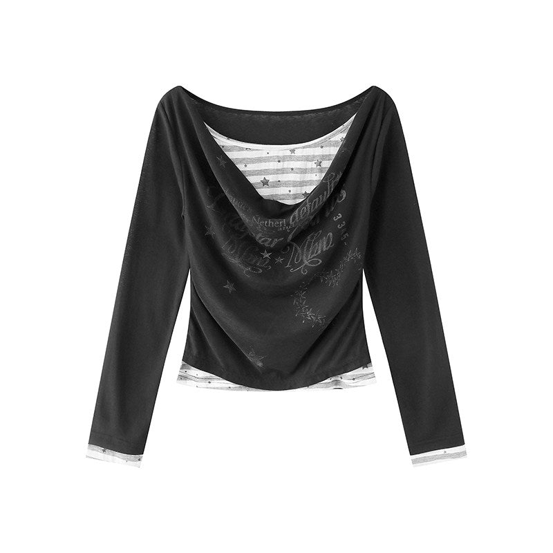【rejio】Drape-Neck Fake-Layered Startop (Weiß / Schwarz)