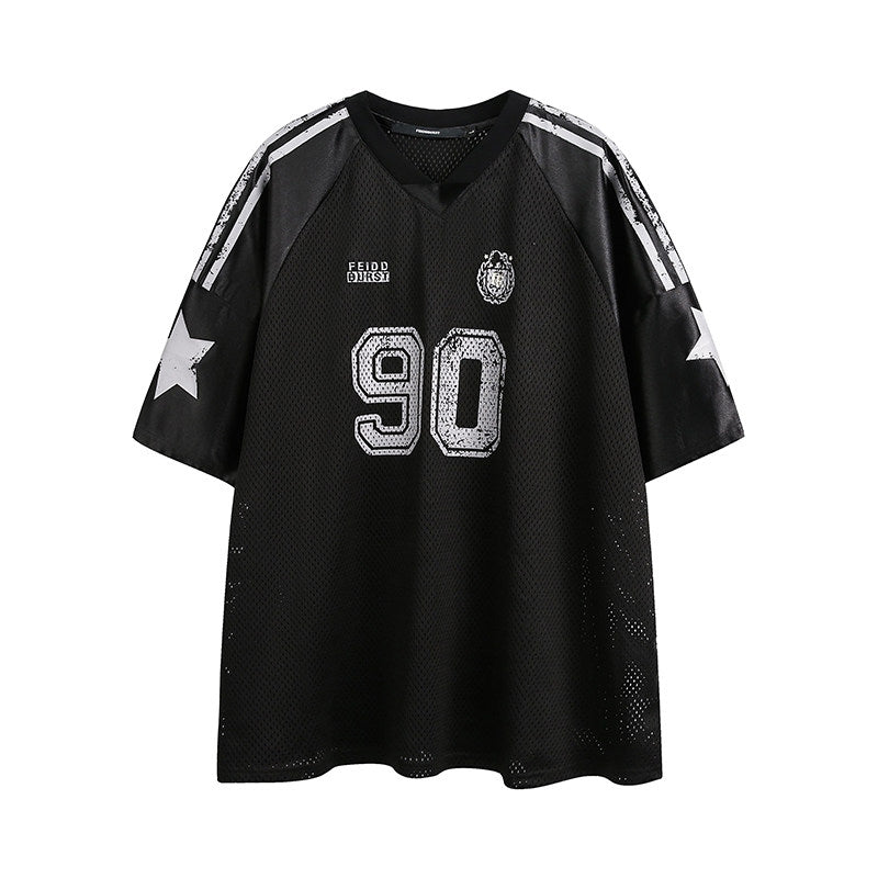 "90" Star Mesh Jersey | Amerikanischer Girly-Stil, Kurzarm, Oversize-T-Shirt