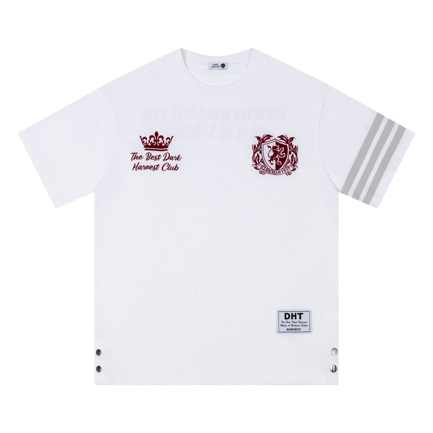 College Snap Button Tee — Stripe Sleeve Loose Fit