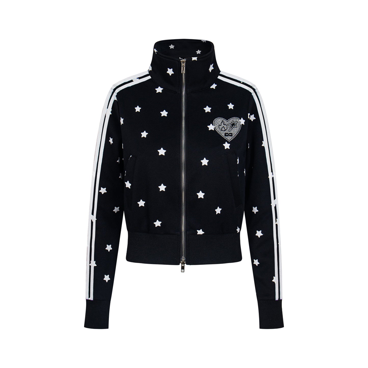 Star Rhinestone Track Jacket — Stand Collar and Hooded