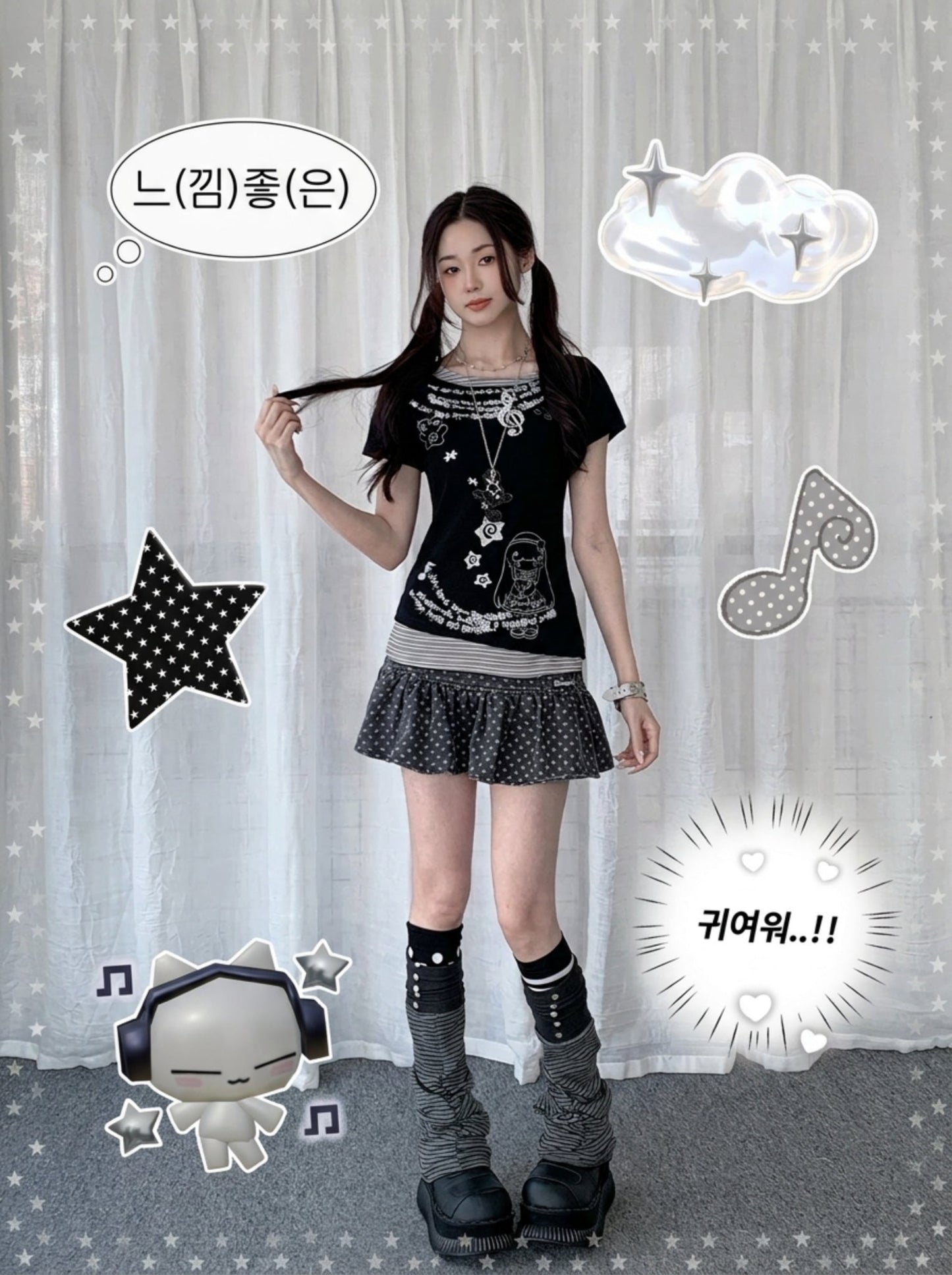 【rejio】アシンメトリー フェイクレイヤード グラフィックTシャツ (ブラック / ヘザーグレー) - 追光的猫Solpaw | rejio