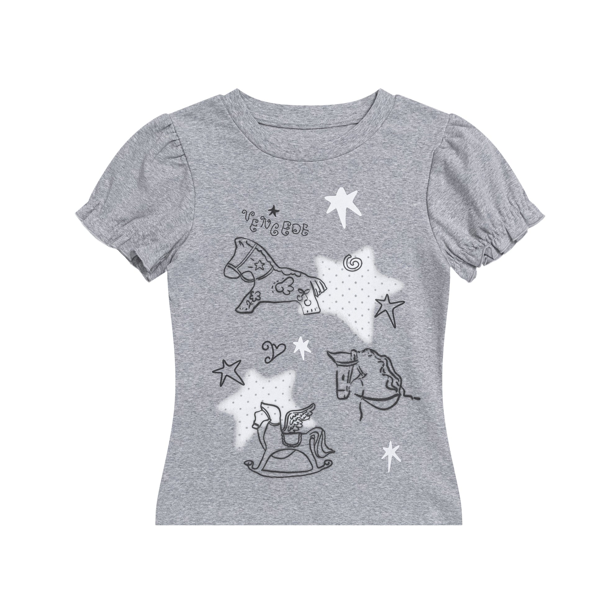【rejio】ノスタルジック ロッキングホース パフスリーブTシャツ (ヘザーグレー) - 追光的猫Solpaw | rejio