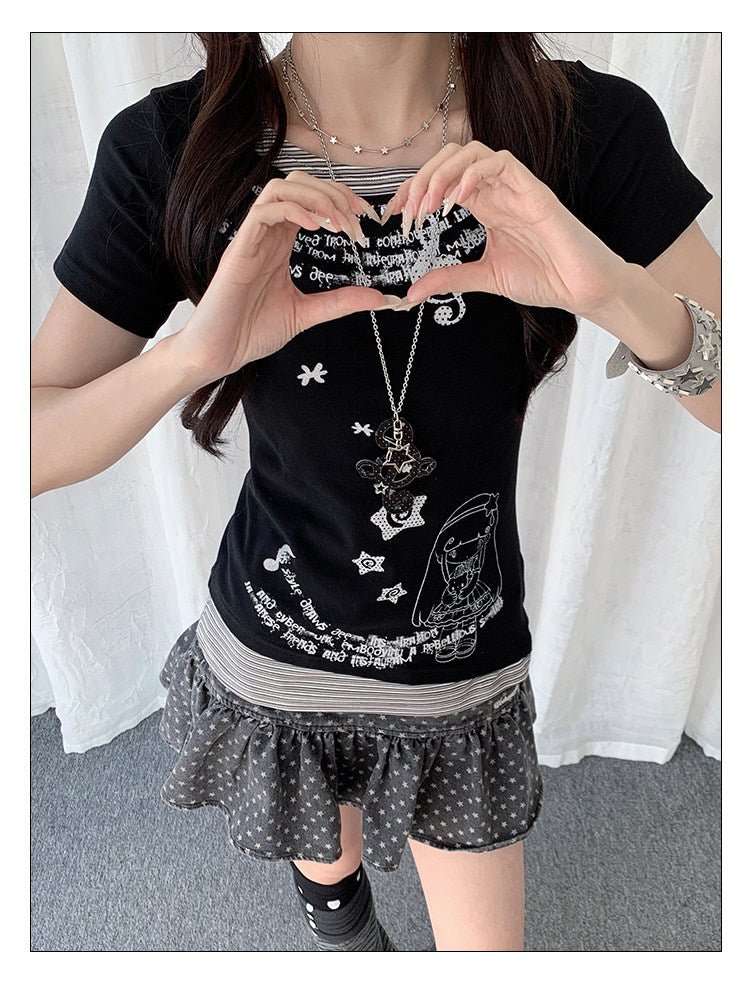 【rejio】アシンメトリー フェイクレイヤード グラフィックTシャツ (ブラック / ヘザーグレー) - 追光的猫Solpaw | rejio